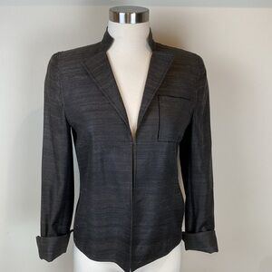 Akris 100%‎ Silk Jacket Blazer Size 6 Nubby Textured Brown Standing Collar Luxe